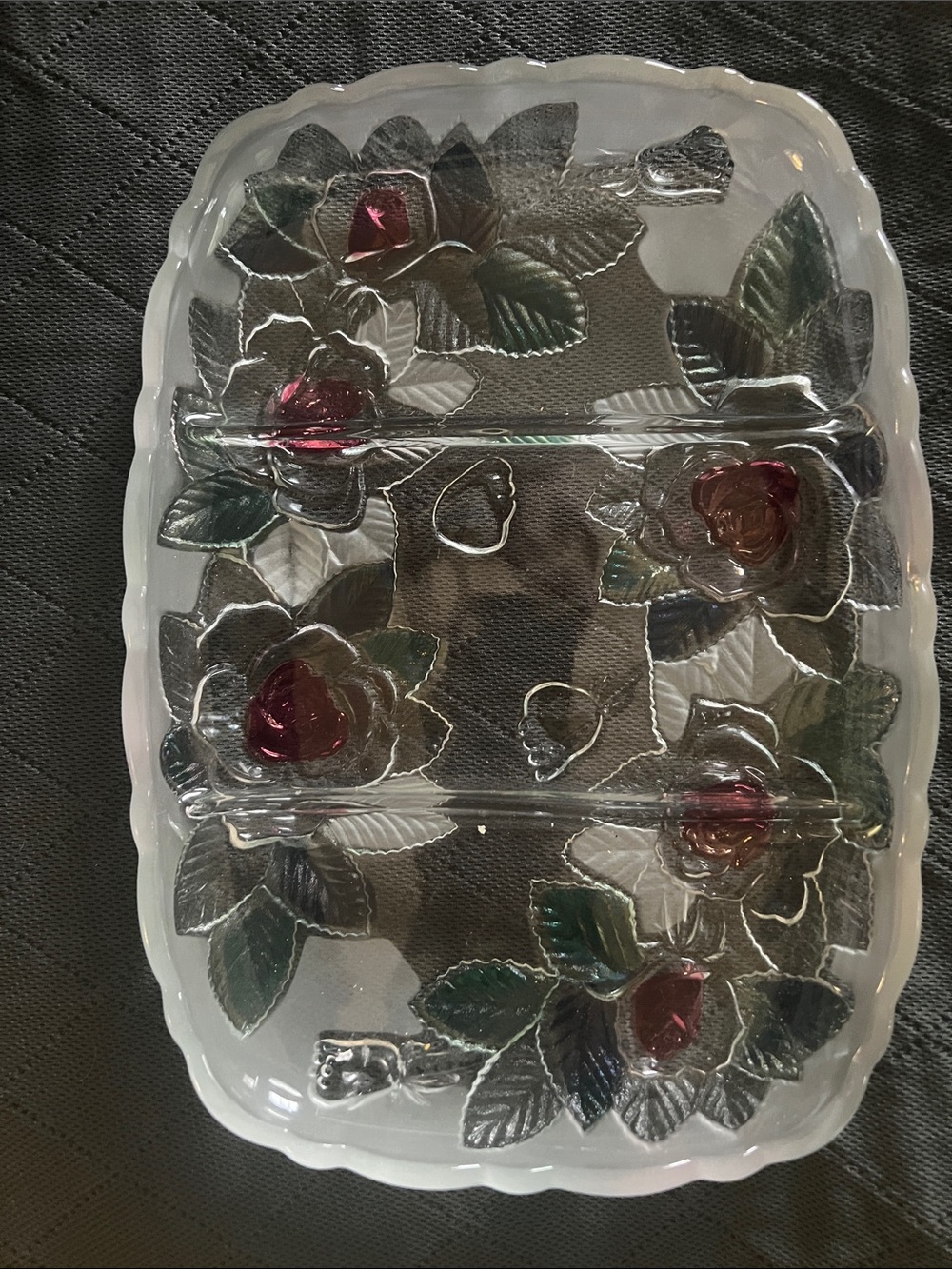 Clear Glass Floral Serving Tray with Pink Rose Accents